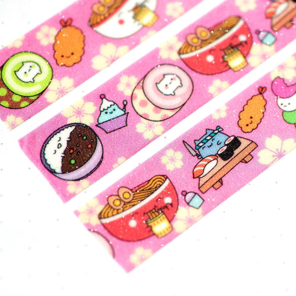 Three pink strips with cute food-themed illustrations on a white background