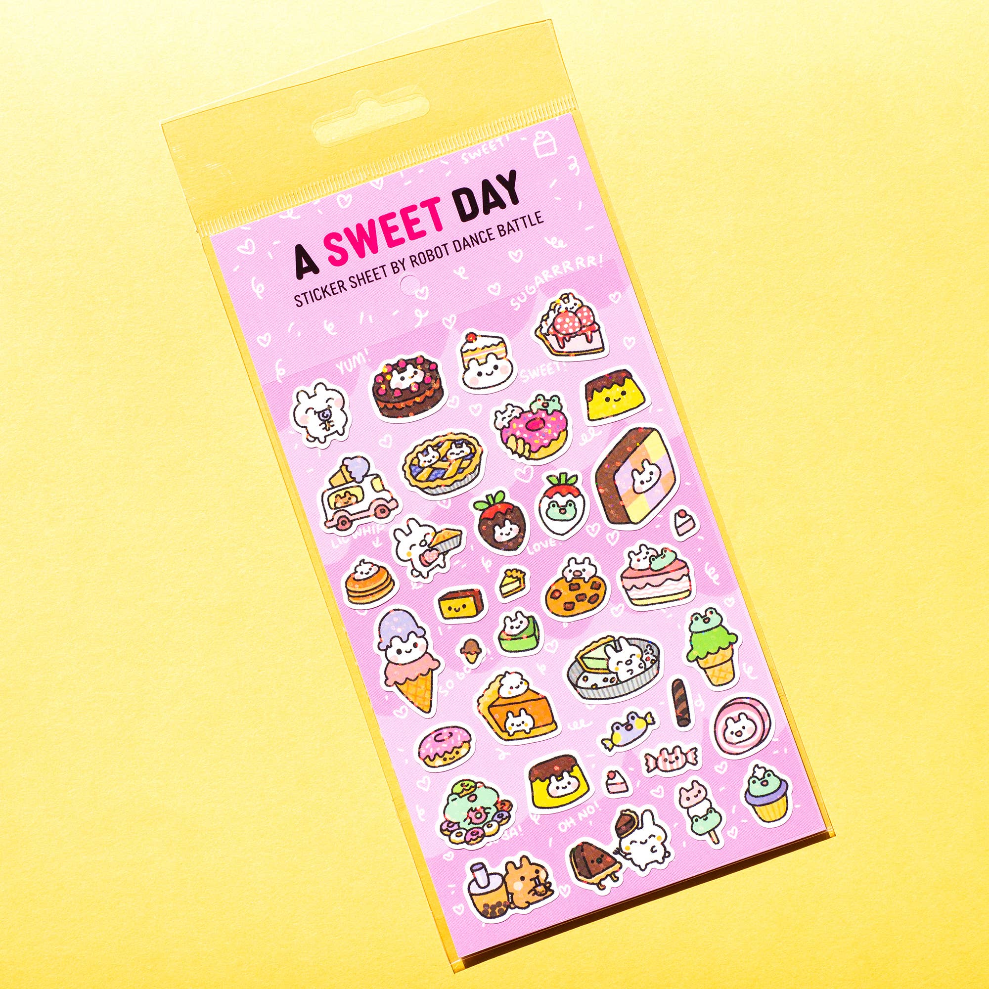 Sticker sheet with cute food illustrations on a pink background with 'A Sweet Day' text.
