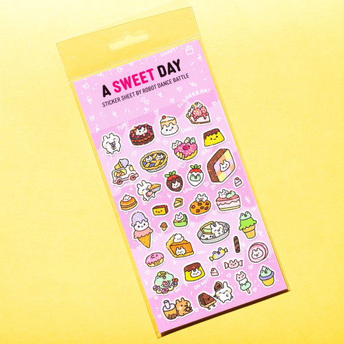 Sticker sheet with cute food illustrations on a pink background with 'A Sweet Day' text.