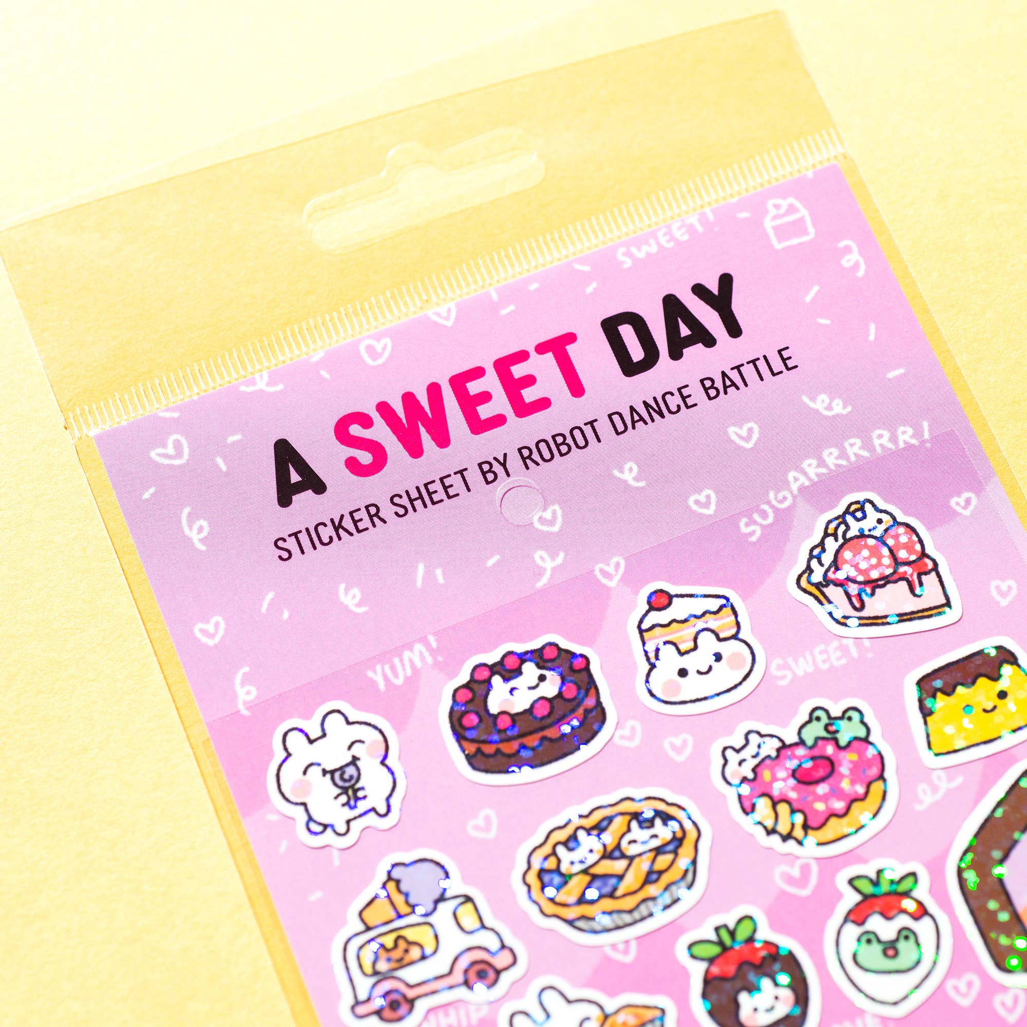 Sticker sheet with cute food-themed stickers on a pink background