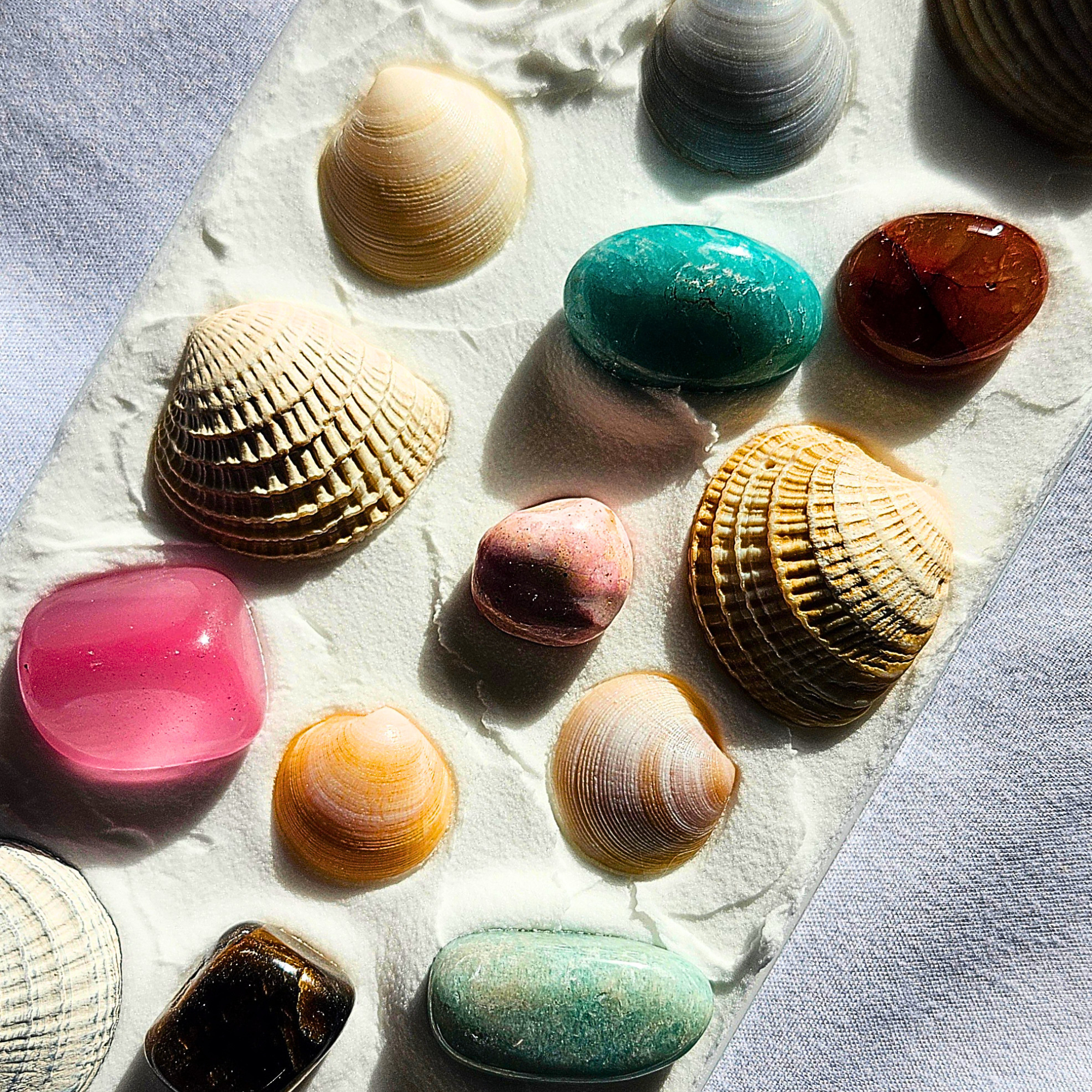 Colorful shells and stones on a custom phone case