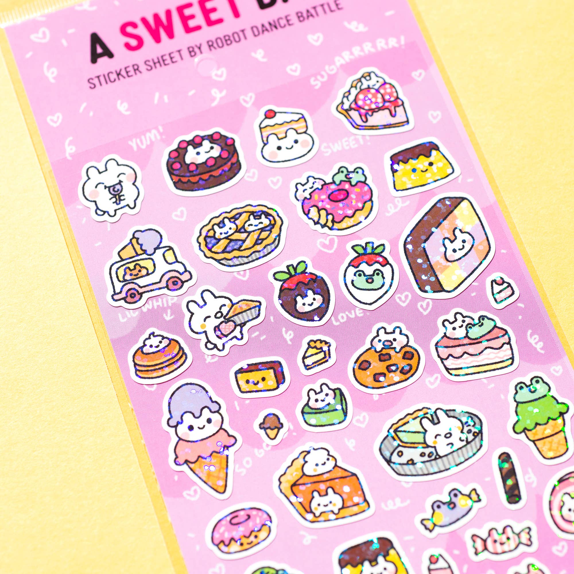 Sticker sheet with cute food-themed designs on a pink background