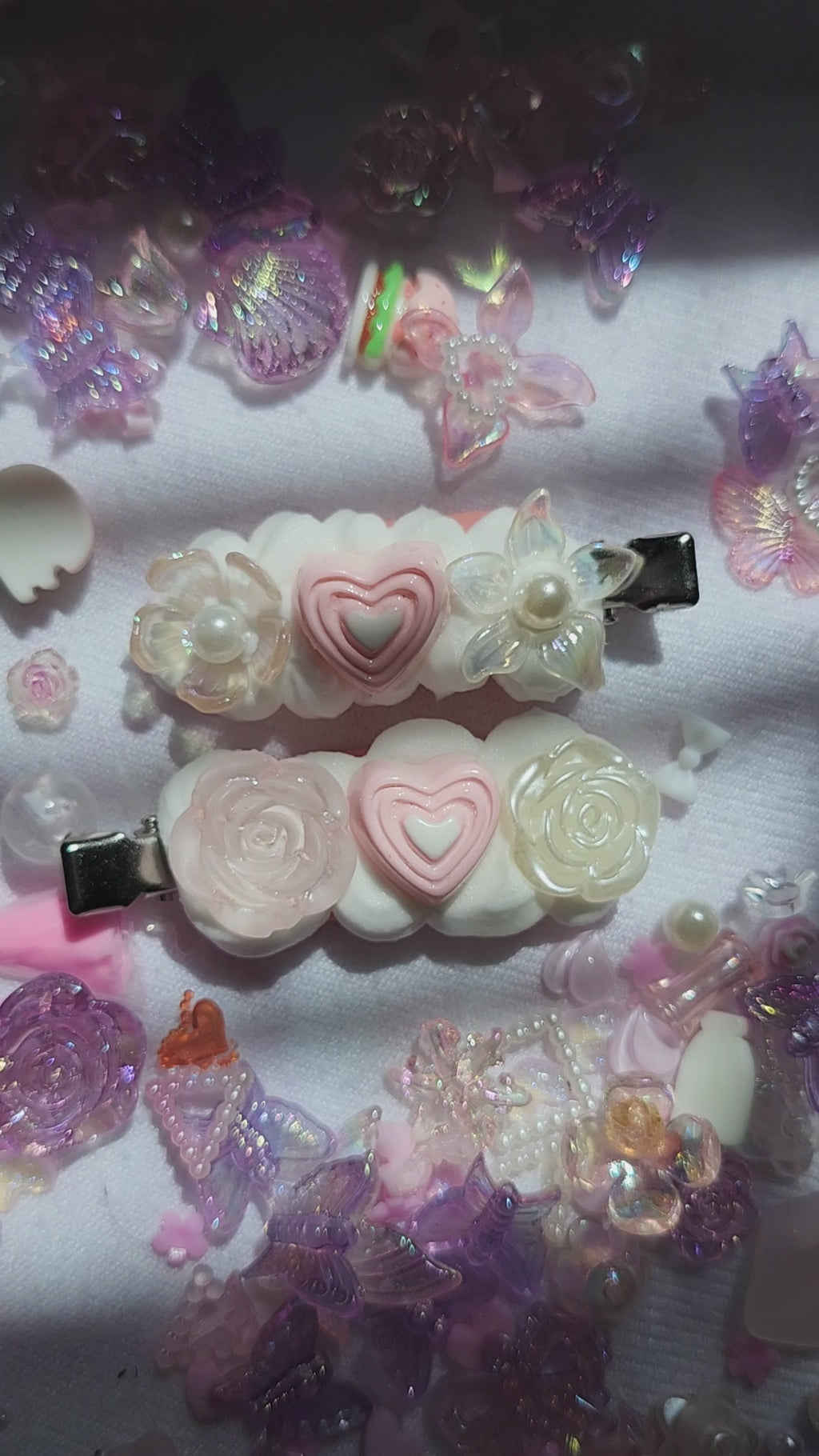 Pink and White Kawaii Heart Candy Handmade Decoden Hair Clips