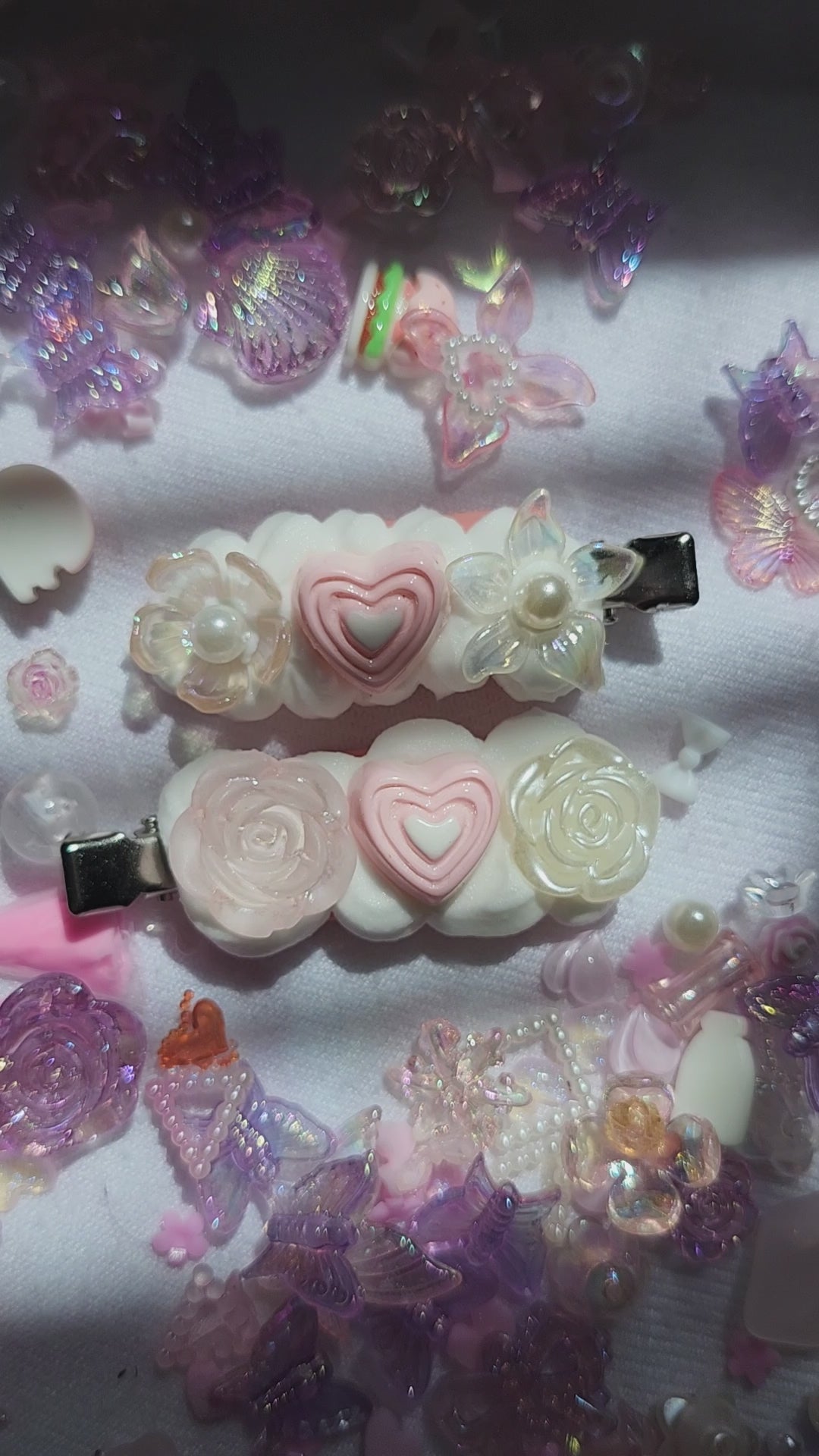 Pink and White Kawaii Heart Candy Handmade Decoden Hair Clips