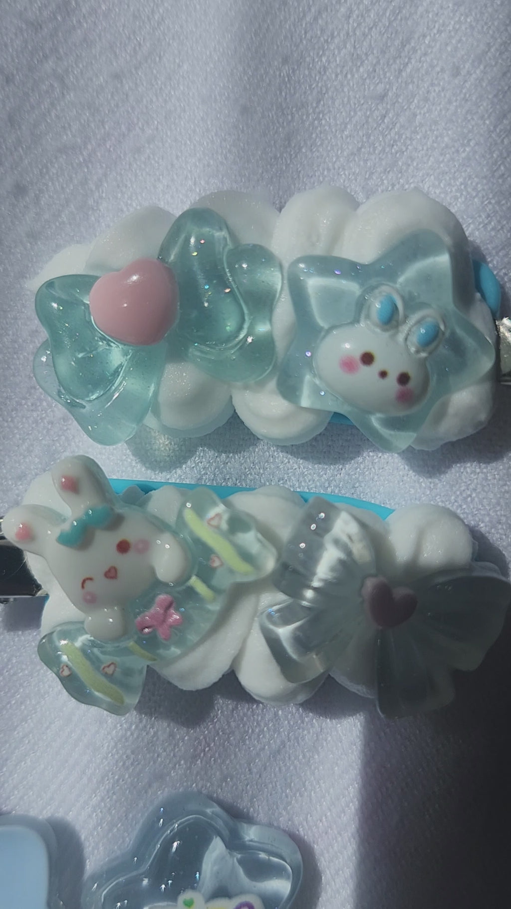 Blue and White Kawaii Handmade Decoden Bunny and Bow Hair Clips