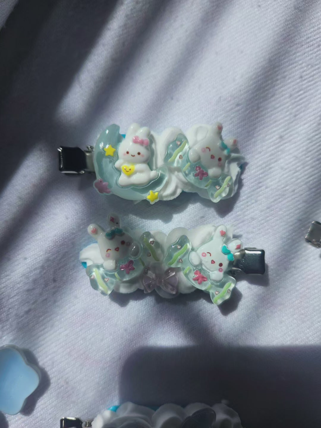 Blue and White Kawaii Moon and Star Bunny Handmade Decoden Hair Clips Set