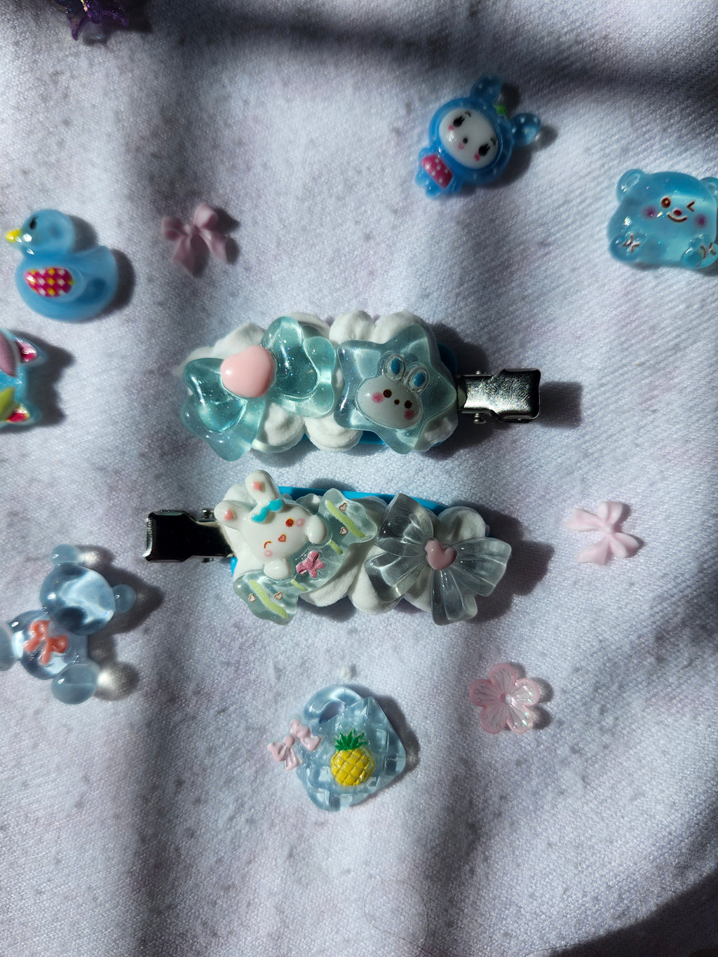 Blue and White Kawaii Handmade Decoden Bunny and Bow Hair Clips