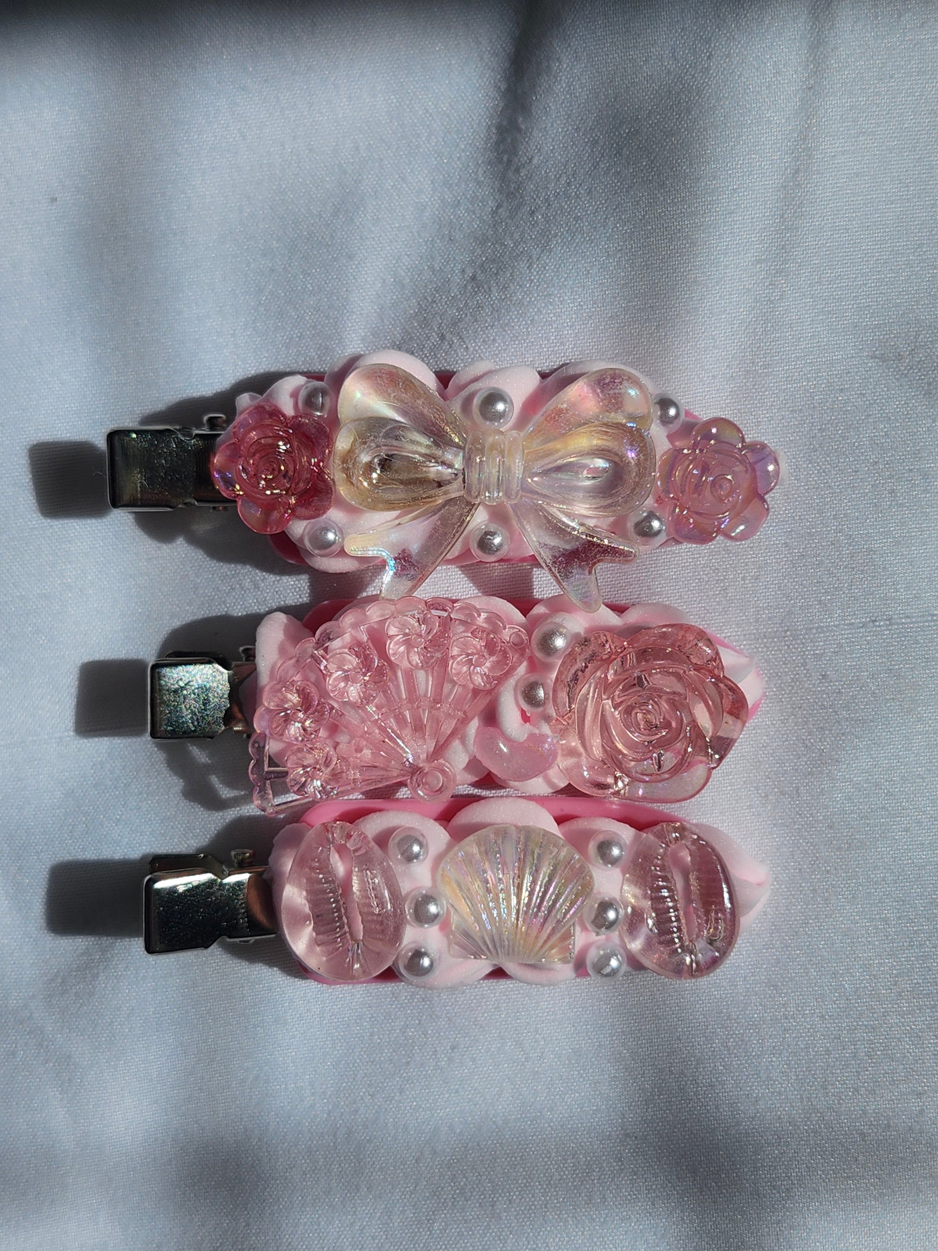Kawaii Pink Bow Decoden Hair Clips – Handmade Cute Pastel Hair Accessories