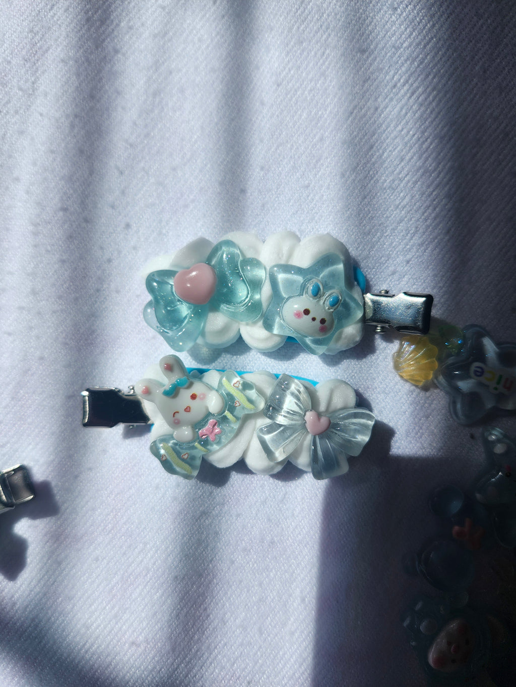 Blue and White Kawaii Handmade Decoden Bunny and Bow Hair Clips