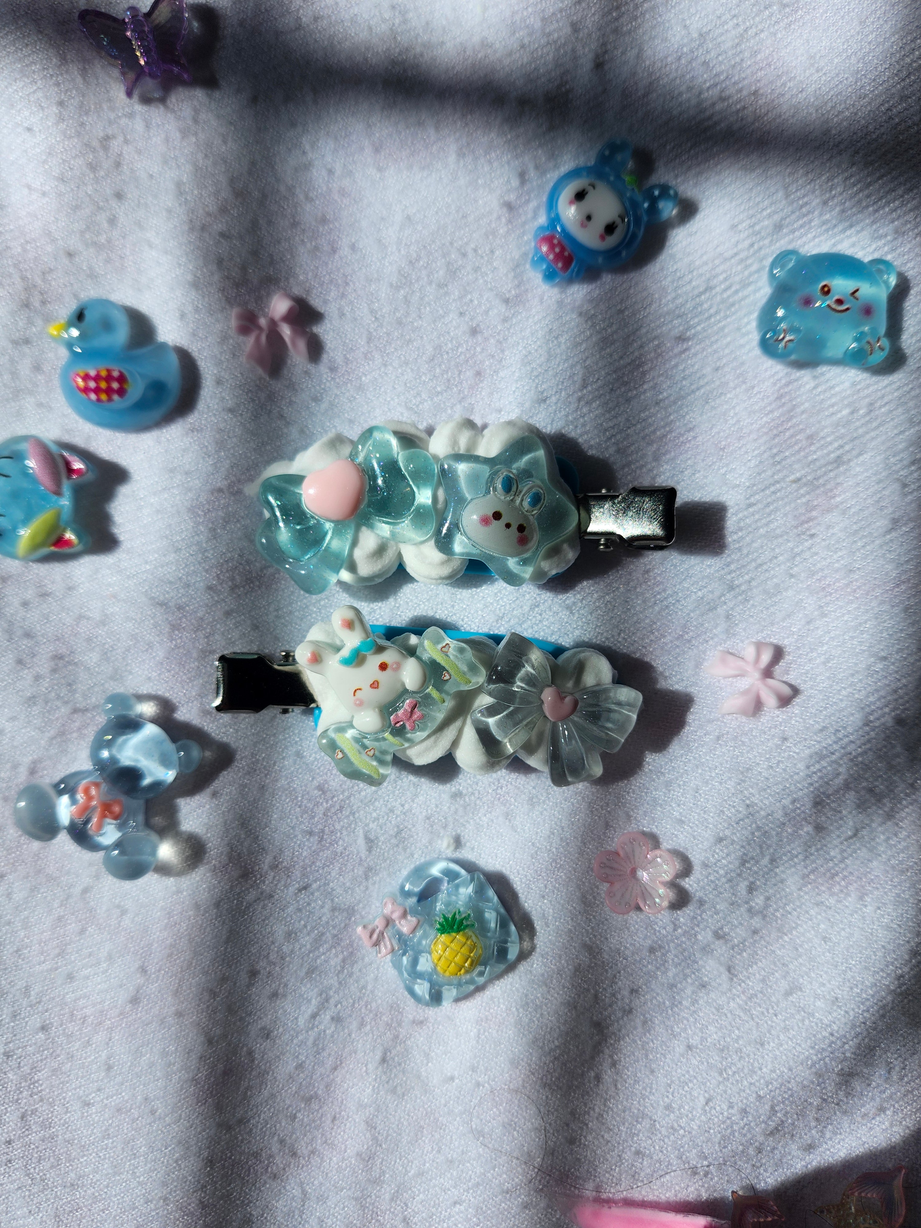 Blue and White Kawaii Handmade Decoden Bunny and Bow Hair Clips