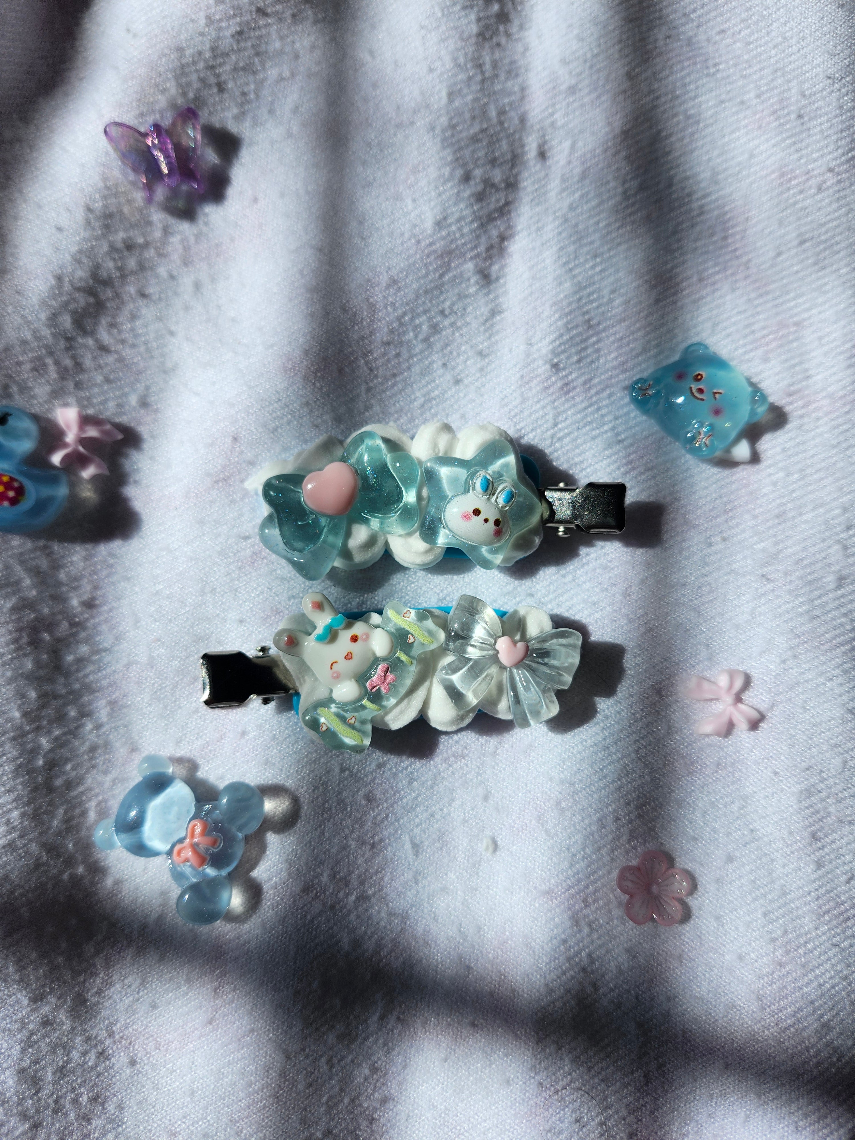 Blue and White Kawaii Handmade Decoden Bunny and Bow Hair Clips